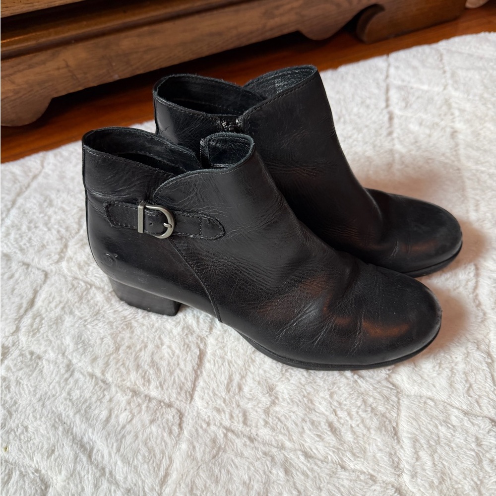 Born Women's Black Leather Ankle Bootie with Buckle